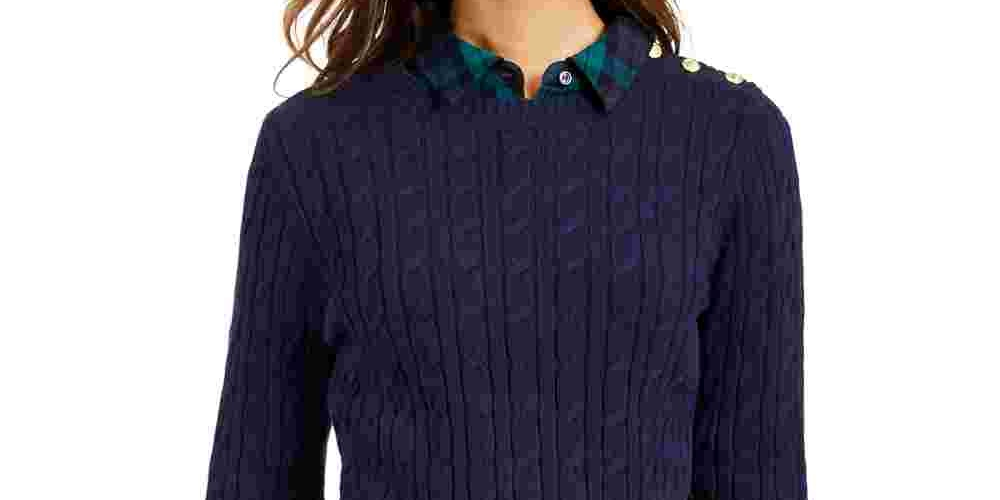 Charter Club Women's Textured Embellished Patterned Long Sleeve Jewel Neck Sweater Blue Size X-Small