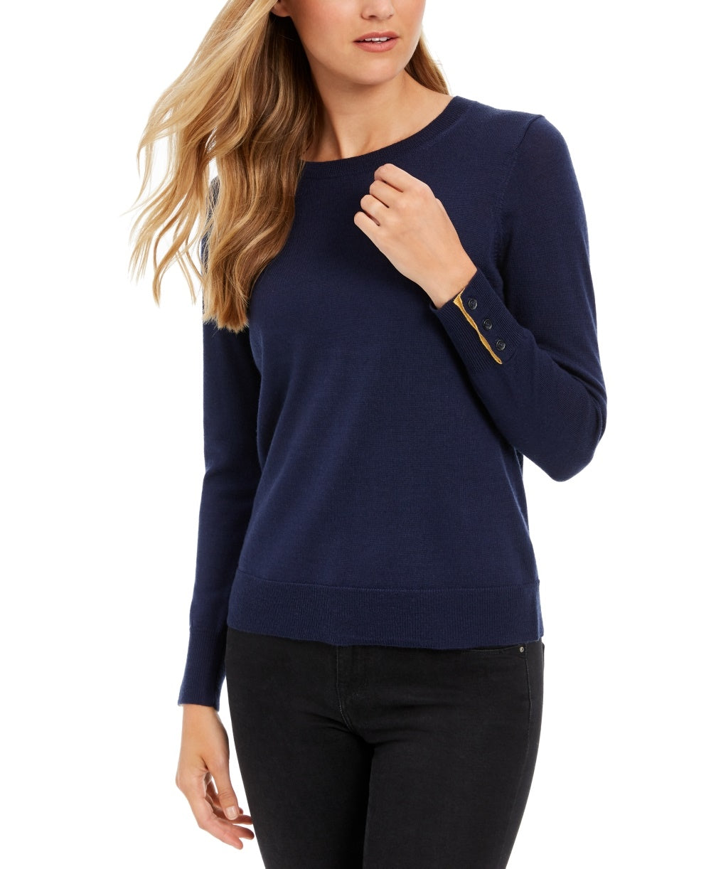 Charter Club Women's Merino Wool Button-Cuff Crewneck Sweater Blue Size Medium
