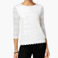 Charter Club Women's Petite Lace 3/4-Sleeve Top  White Size PM