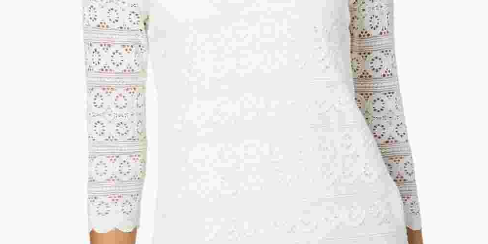 Charter Club Women's Petite Lace 3/4-Sleeve Top  White Size PM