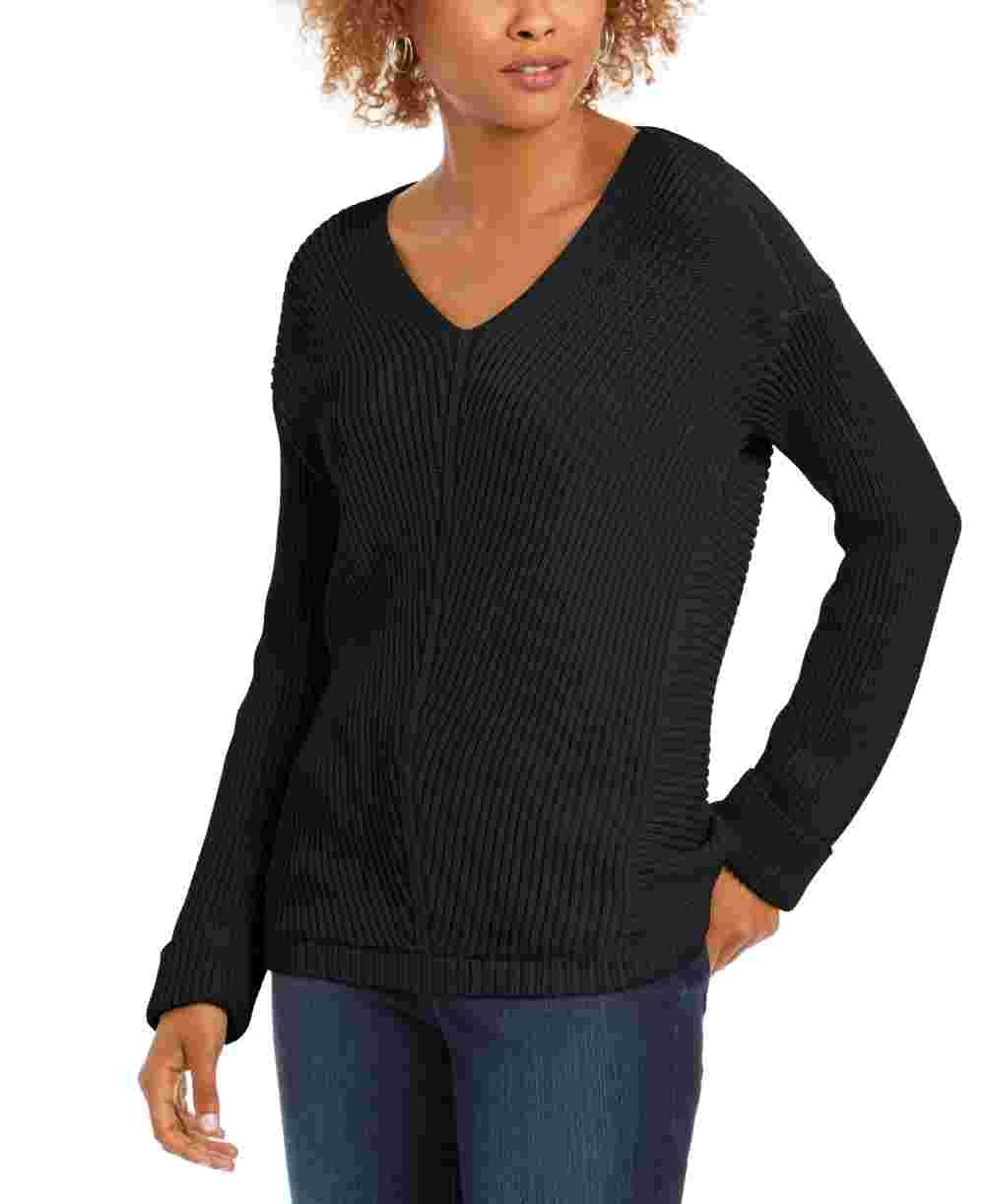 Charter Club Women's Textured Solid Long Sleeve V Neck T-Shirt Sweater Black Size Medium