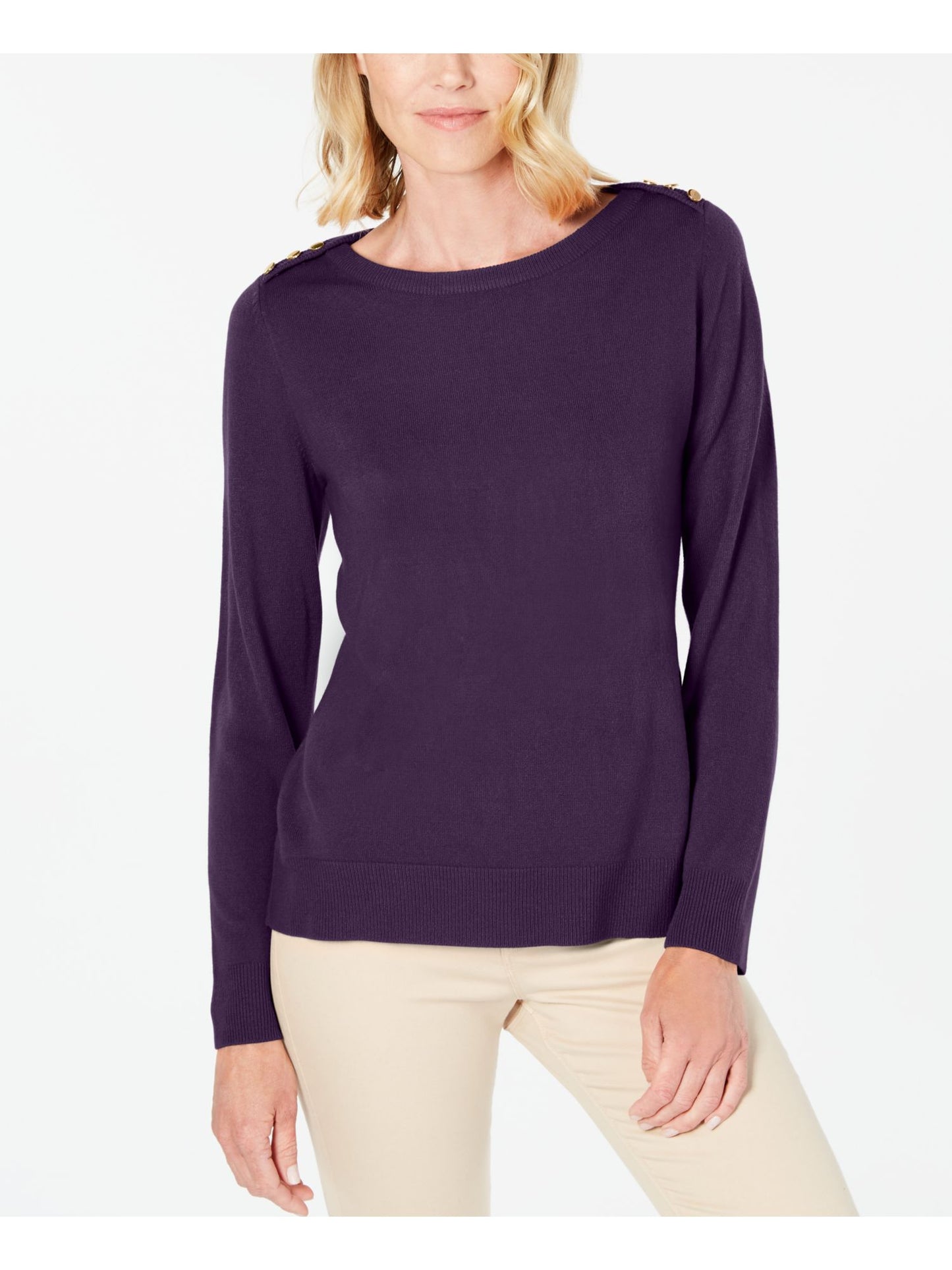 कैरन स्कॉट महिलाओं का सॉलिड लॉन्ग स्लीव क्रू नेक ब्लाउज टॉप पर्पल, साइज पेटीट स्मॉल