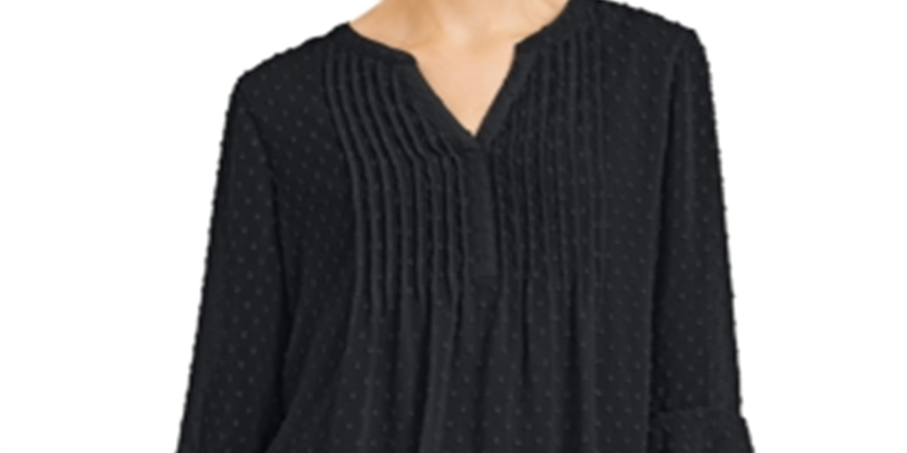 Charter Club Women's Double Ruffle Textured Pintuck Top Black Size Petite Small