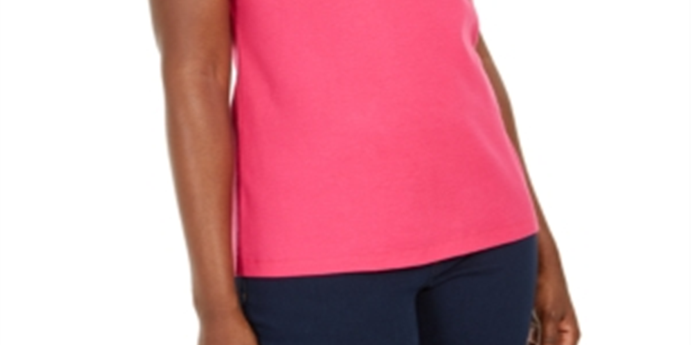Karen Scott Women's Crochet Trim Split Neck Top Pink Size Medium