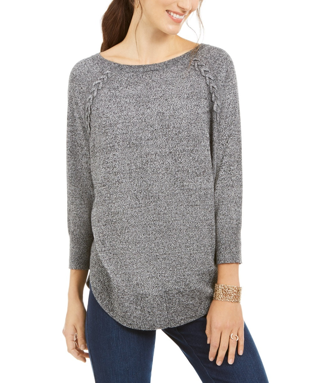 Style & Co Women's Lace Up Chevron Trim Sweater Black Size PL