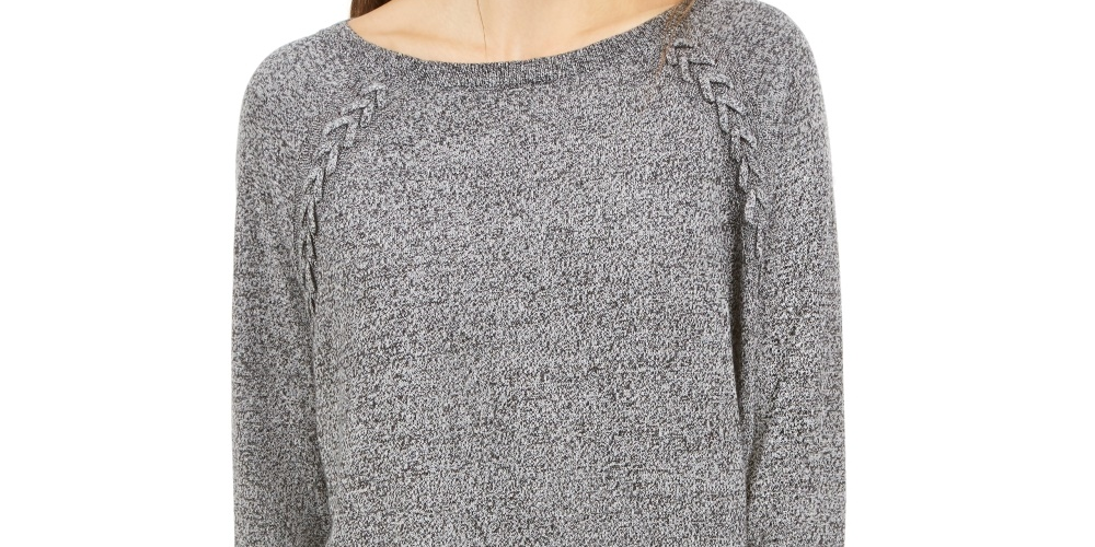Style & Co Women's Lace Up Chevron Trim Sweater Black Size PL