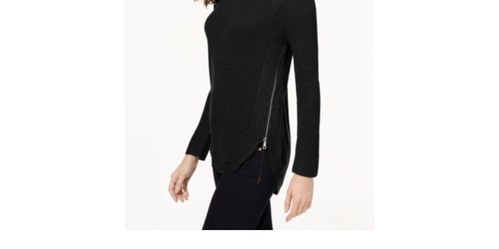 INC International Concepts Women's Waffle Knit Side Zip Tunic Sweater Black Size Petite X-Large