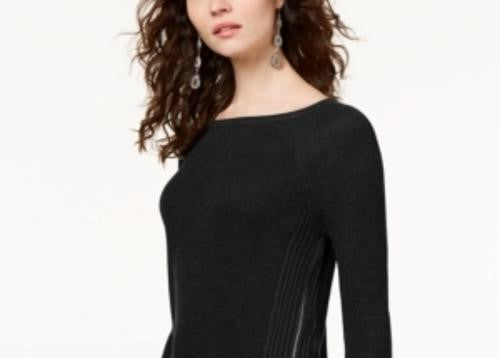 INC International Concepts Women's Waffle Knit Side Zip Tunic Sweater Black Size Petite X-Large