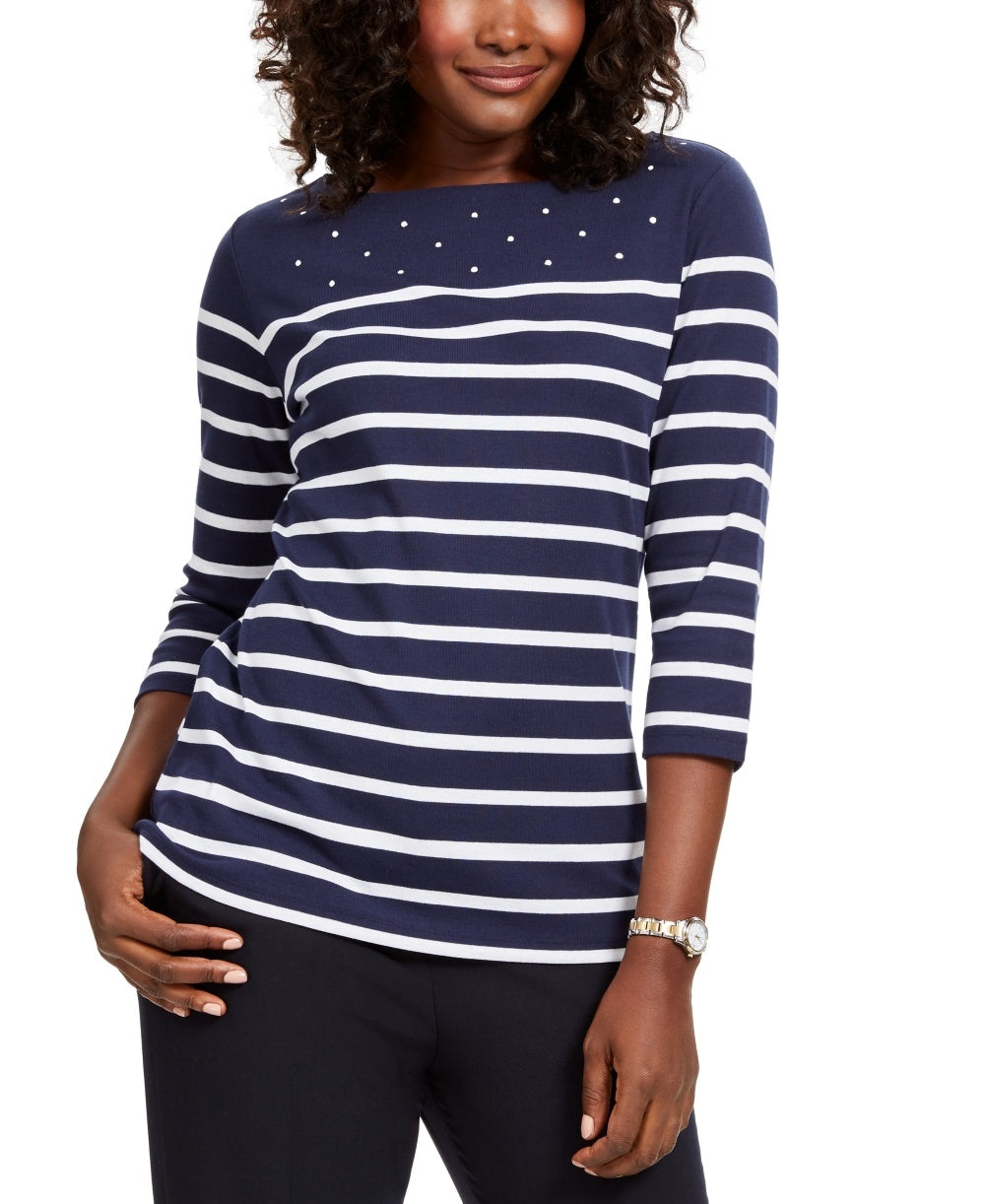 Karen Scott Women's Colorblocked Studded Top Navy Size Small