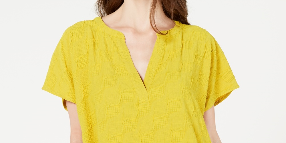 Alfani Women's V Neck Textured Top Yellow Size PL