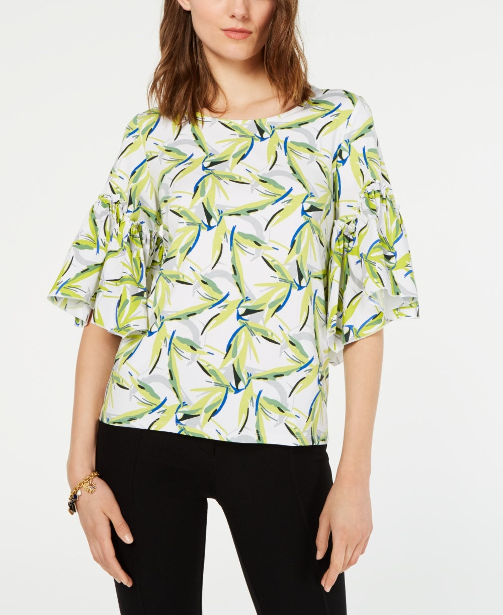 Alfani Women's Bell Sleeve Printed Top White Size PM