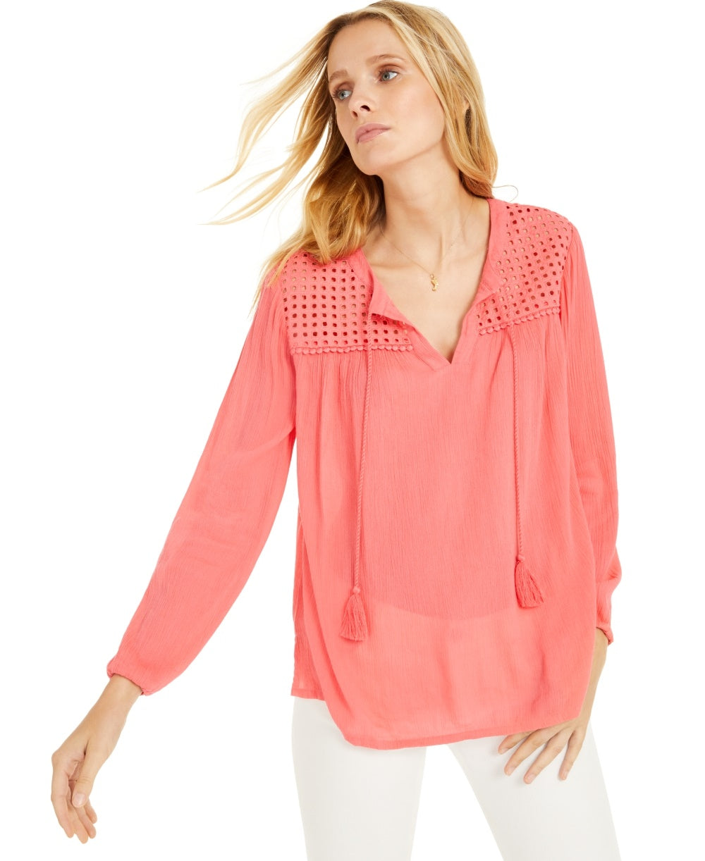 Charter Club Women's Tassel Tie Eyelet Linen Top Pink Size Small