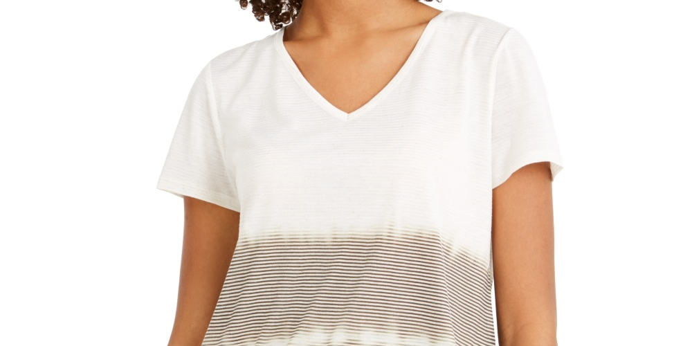 Style & Co Women's Tie Dyed V Neck Linen Blend Top White Size Large