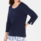 Karen Scott Women's Petite Printed-Trim Top Navy Size Petite