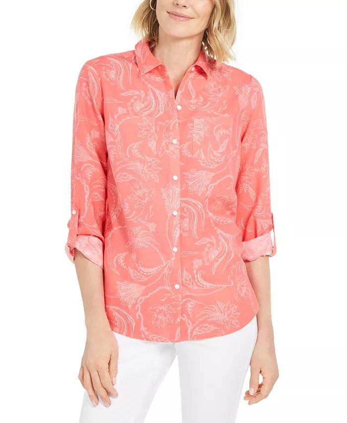 Charter Club Women's Artful Paisleys Printed Linen-Blend Shirt Beige Size Medium