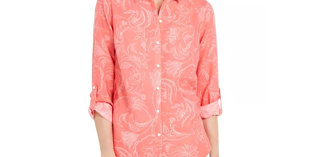 Charter Club Women's Artful Paisleys Printed Linen-Blend Shirt Beige Size Medium