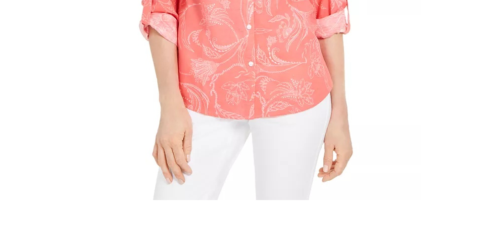 Charter Club Women's Artful Paisleys Printed Linen-Blend Shirt Beige Size Medium