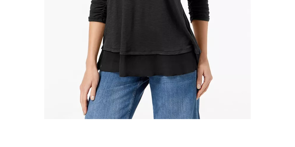 Style & Co Womens Black Ruched 3/4 Sleeve Jewel Neck Top Black Size S