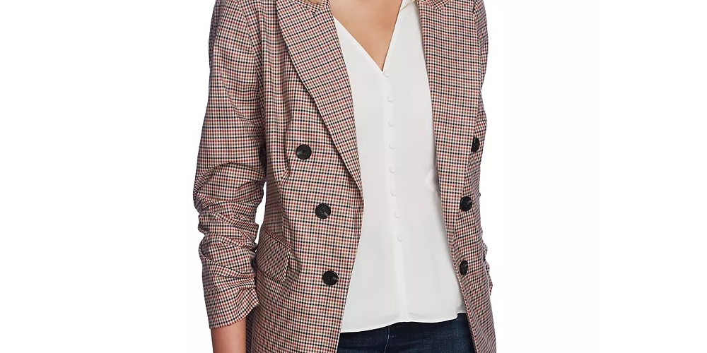 1.STATE Women's Minicheck Ruched Sleeve Blazer Brown