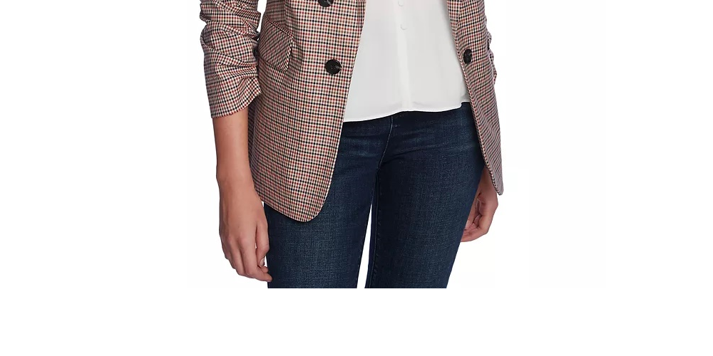 1.STATE Women's Minicheck Ruched Sleeve Blazer Brown