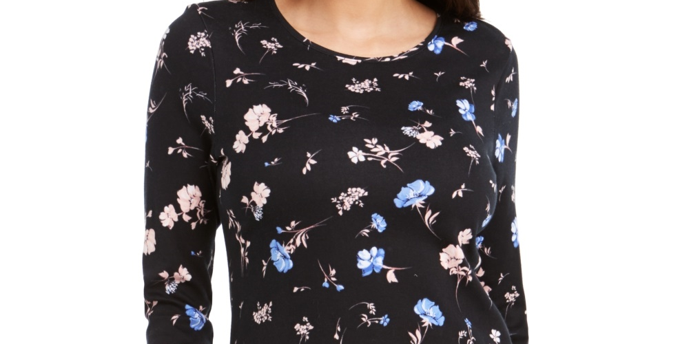 Charter Club Women's Pima Cotton Ditsy-Print TopBlack Size Small