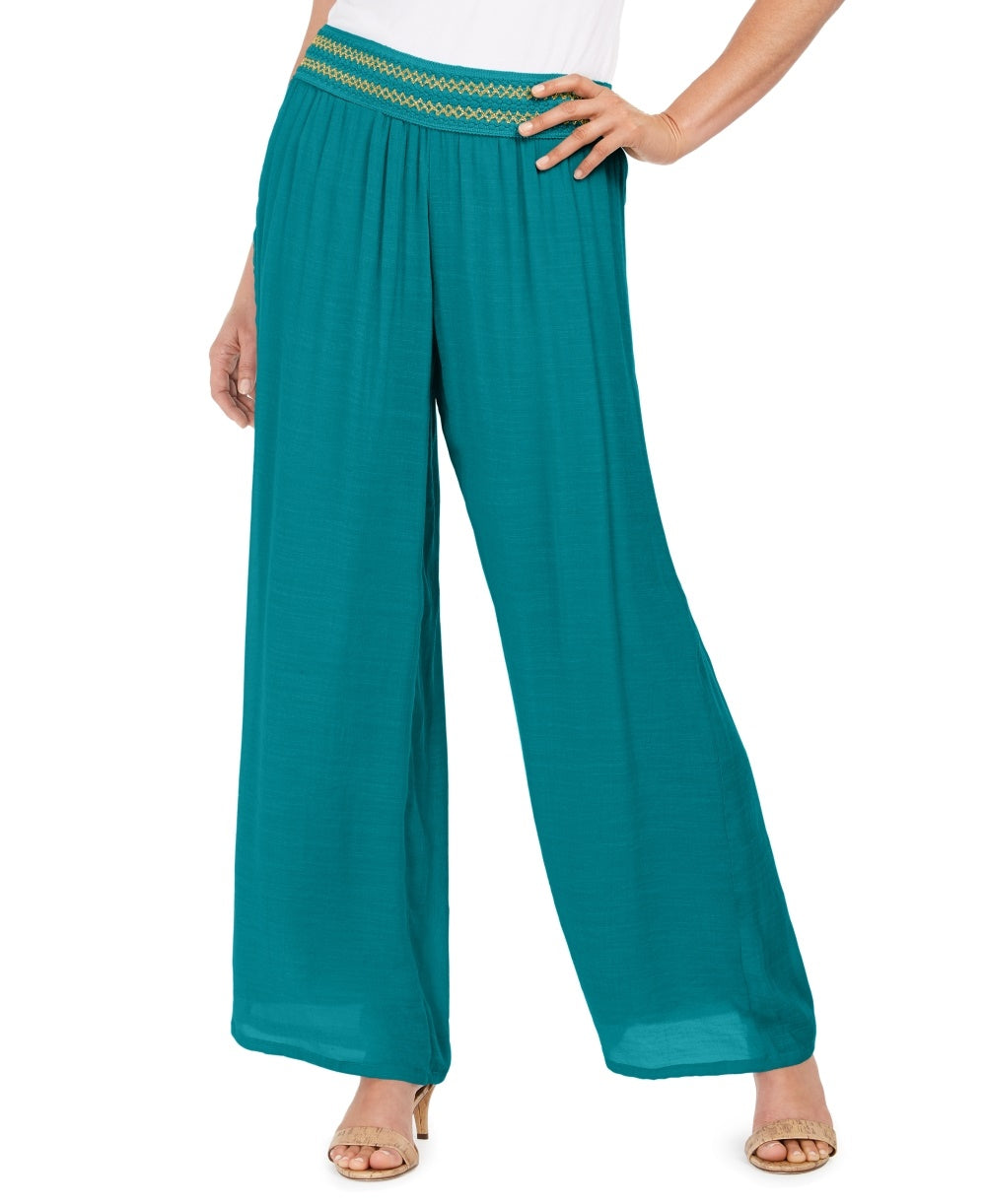JM Collection Women's Metallic-Detail Wide-Leg Gauze Pants Blue Size X-Large