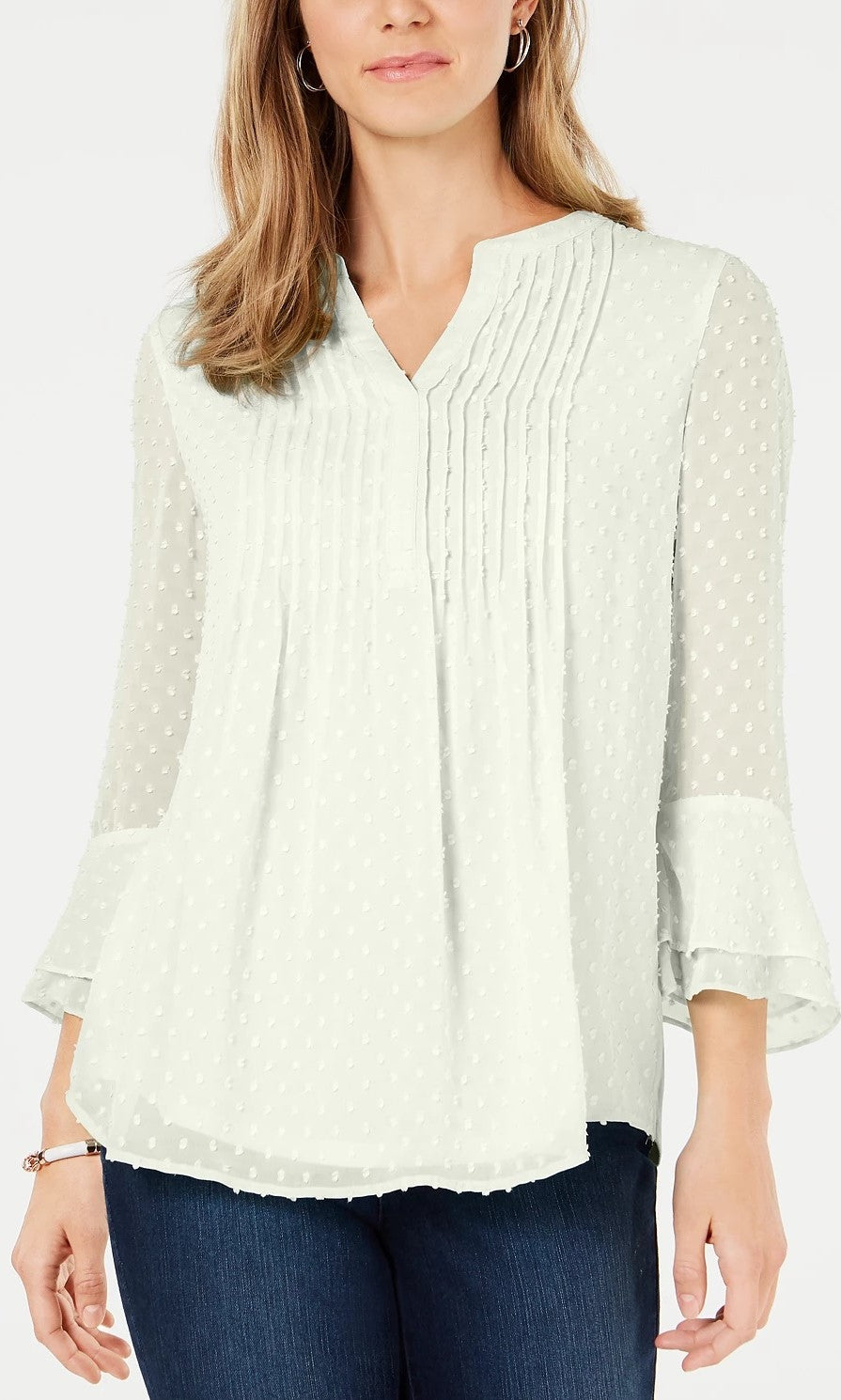 Charter Club Women's Double Ruffle Textured Pintuck Top White Size Large