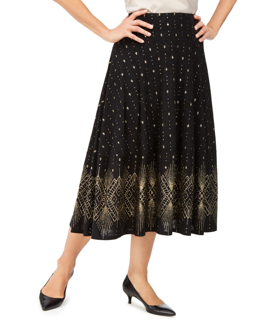 JM Collection Women's Petite Glitter-Border A-Line Skirt Black PS