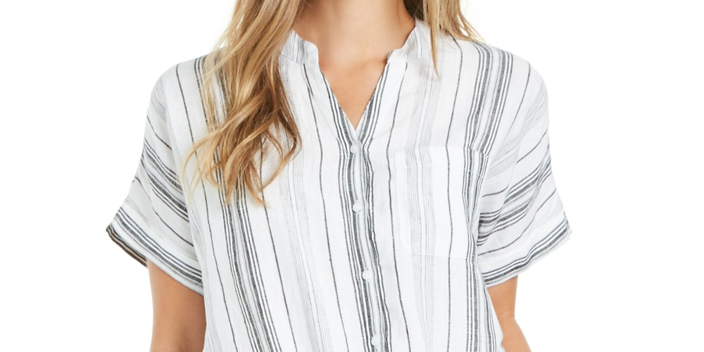 Charter Club Women's Linen Striped Tie Top White Size X-Small