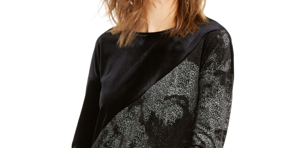 Alfani Women's Blouse Deep Velvet Foil Print High Low Black Size X-Large