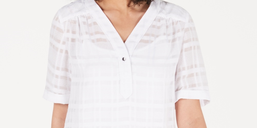 Alfani Women's Plaid V Neck Top White Size Petite X-Large