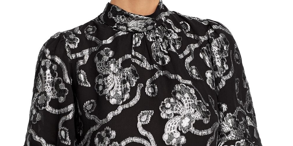 Rebecca Taylor Women's Metallic Paisley Short Sleeve Blouse Silver Size 10