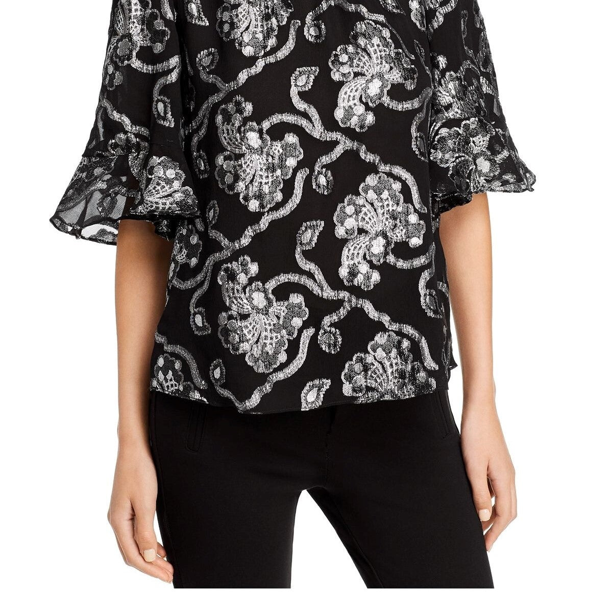 Rebecca Taylor Women's Metallic Paisley Short Sleeve Blouse Silver Size 10