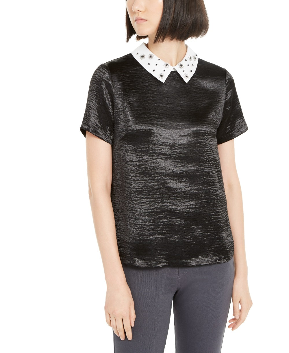 Monteau Women's Petite Rhinestone Collar Top Black Size Petite Large