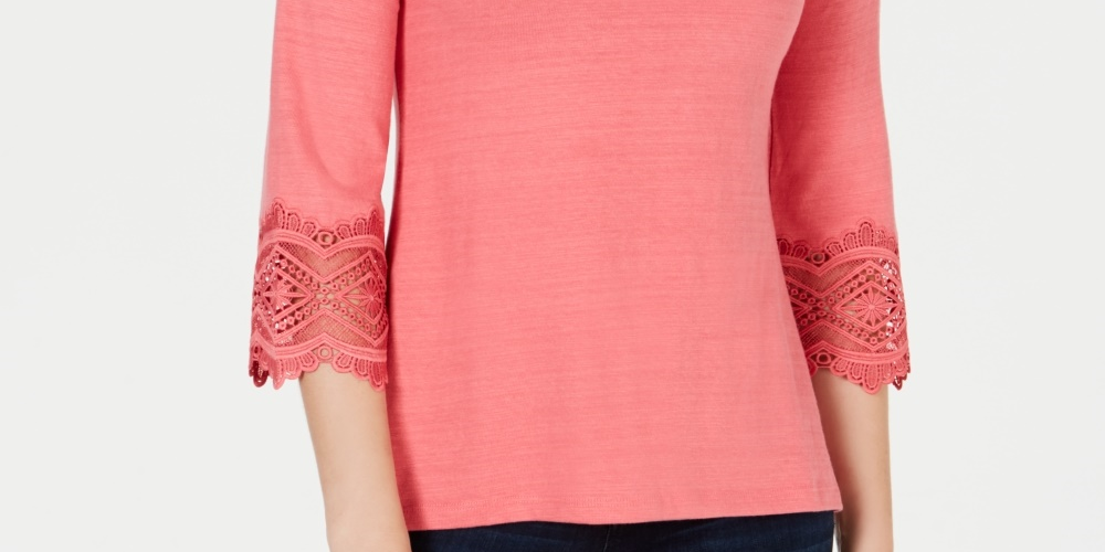 Charter Club Women's Petite Cotton Lace-Trim Top Pink PS