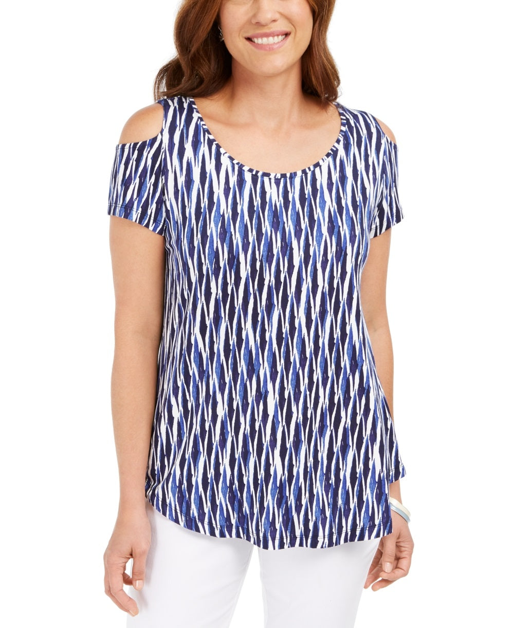 JM Collection Women's Cold Shoulder Printed Top Blue Size Small