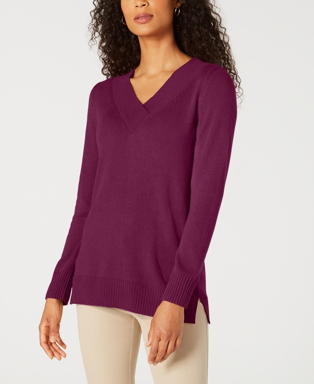 Karen Scott Women's V Neck Solid Sweater Wine Size Small