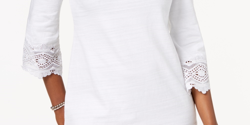 Charter Club Women's Cotton Lace Trim Top White Size Large