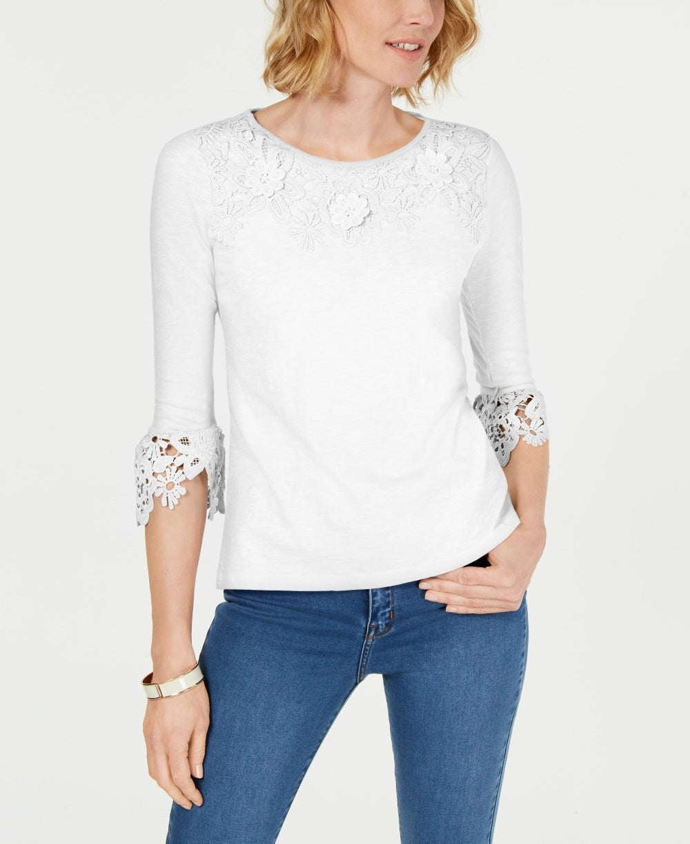 Charter Club Women's Bell Sleeve Embroidered Top White Size Petite X-Large
