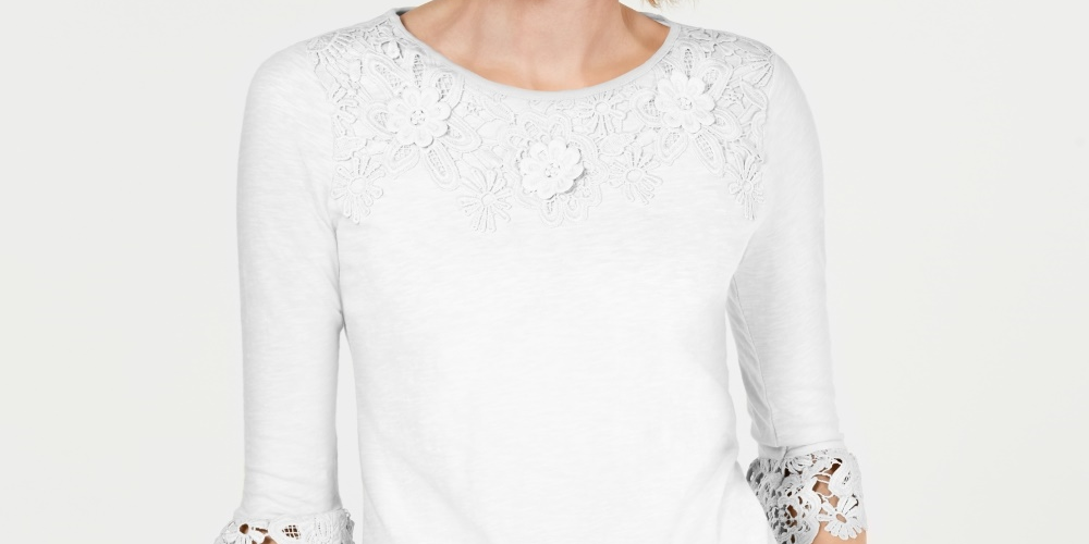 Charter Club Women's Bell Sleeve Embroidered Top White Size Petite X-Large