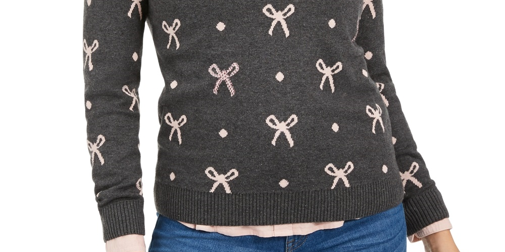 Charter Club Women's Reese Beaded-Bow Dotted Sweater Gray Size X-Large