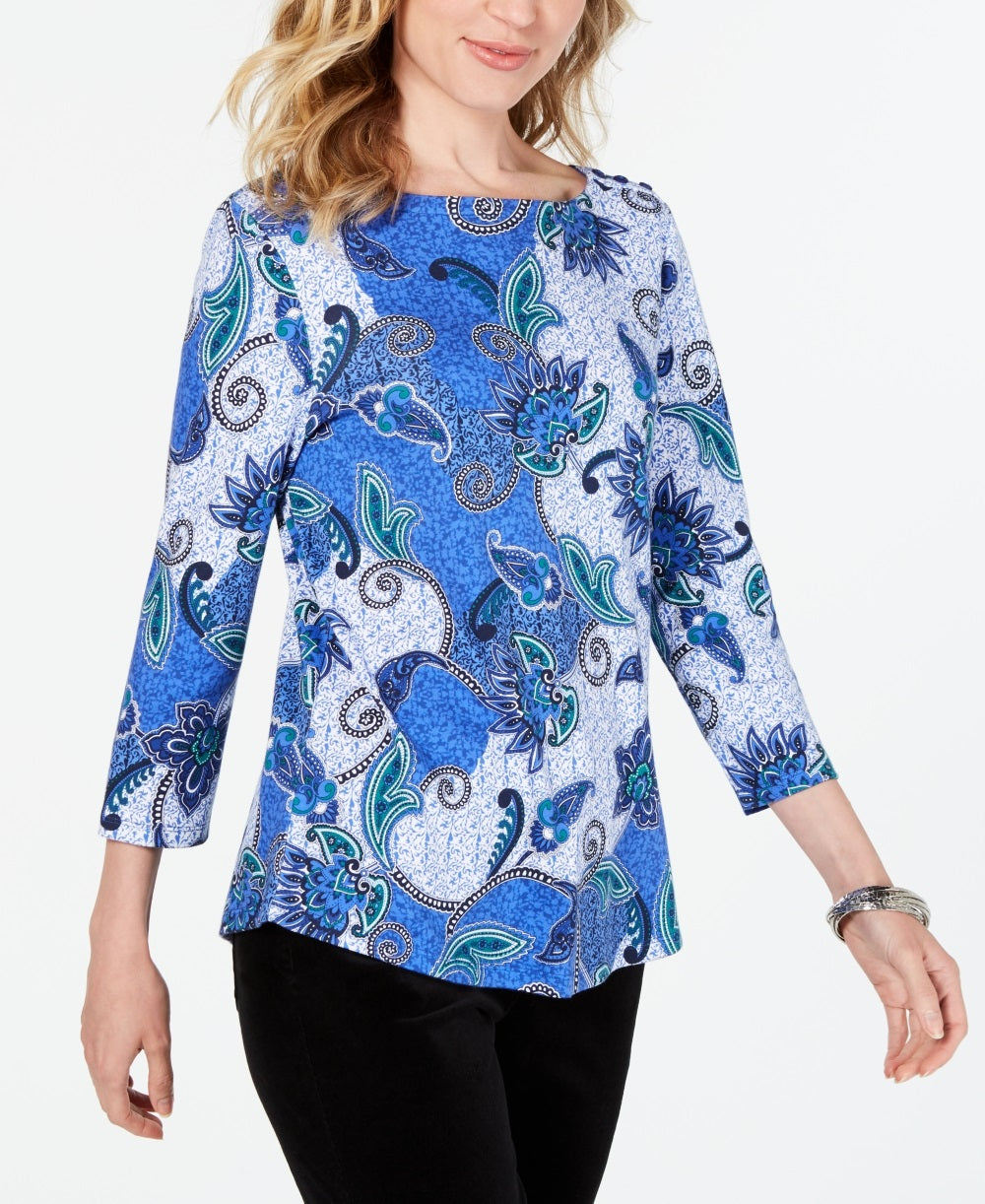 Charter Club Women's Printed Cotton 3/4 Sleeve Top Blue Size X-Small