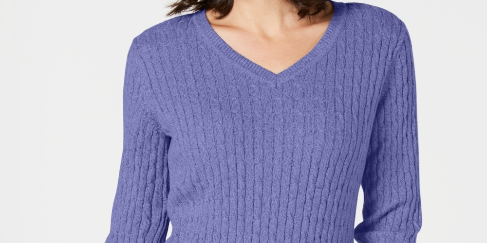 Karen Scott Women's Petite Cotton Cable-Knit Sweater Purple Size PL