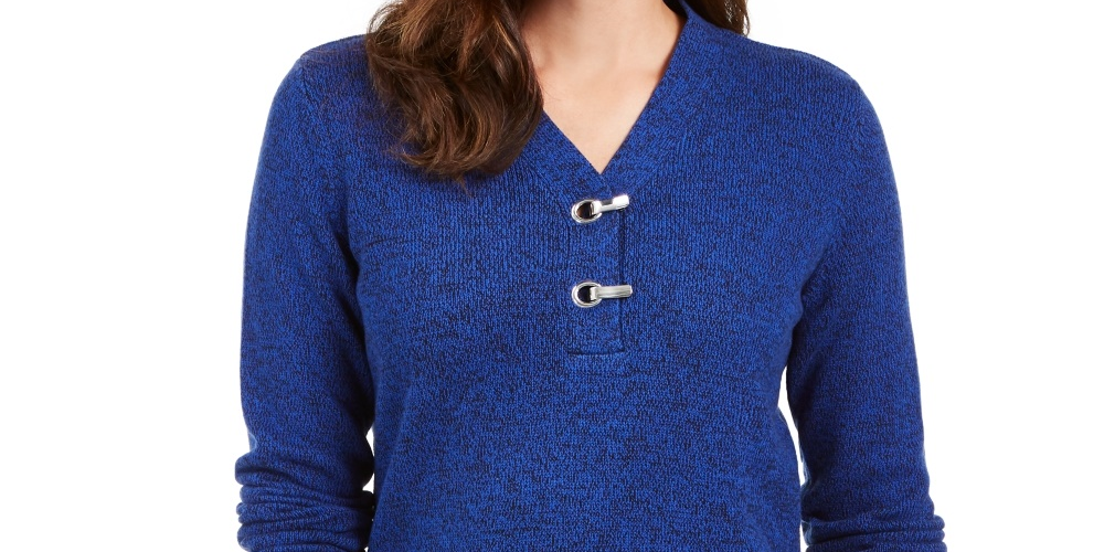 Karen Scott Women's Petite Hardware-Trim Cotton Henley Sweater Blue Size PL