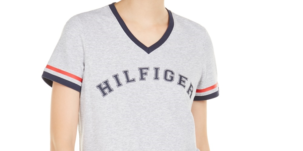 Tommy Hilfiger Women's Sport V-Neck Graphic T-Shirt Silver Size Medium