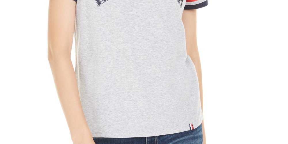 Tommy Hilfiger Women's Sport V-Neck Graphic T-Shirt Silver Size Medium