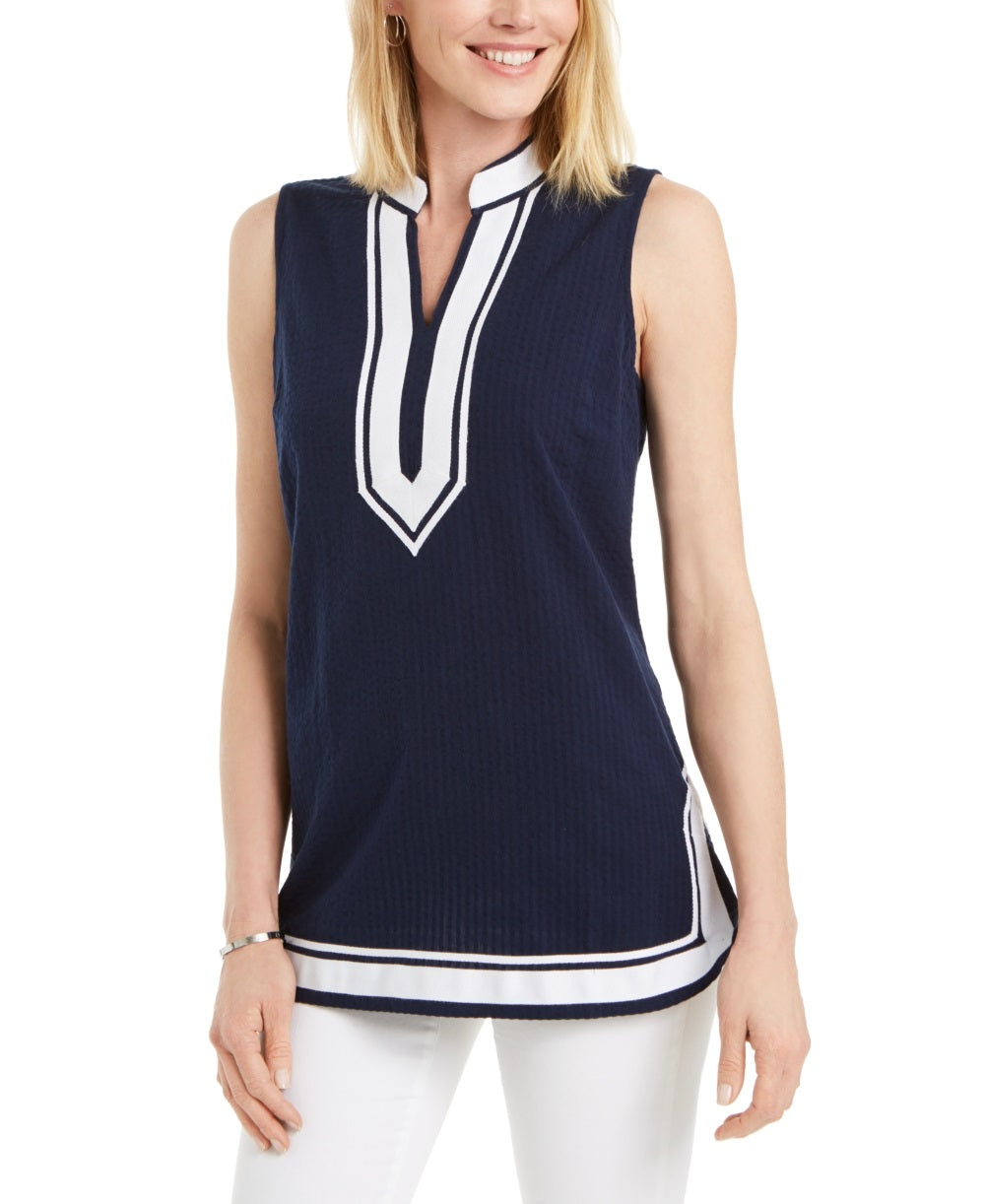 Charter Club Women's Seersucker Woven Tunic Top Blue Size X-Small