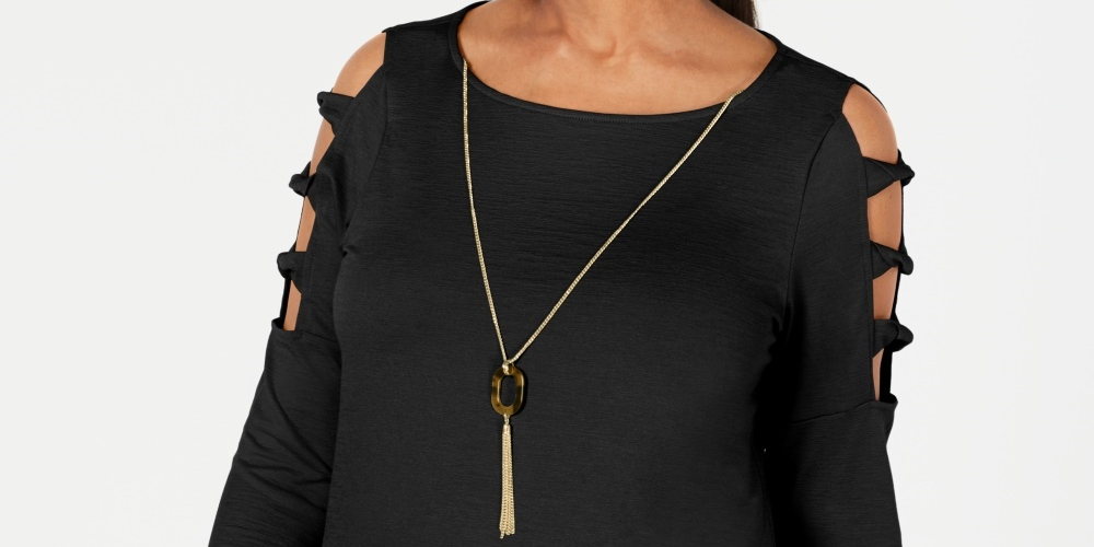 JM Collection Women's Asymmetrical Hem Ladder Sleeve Top Black Size Small