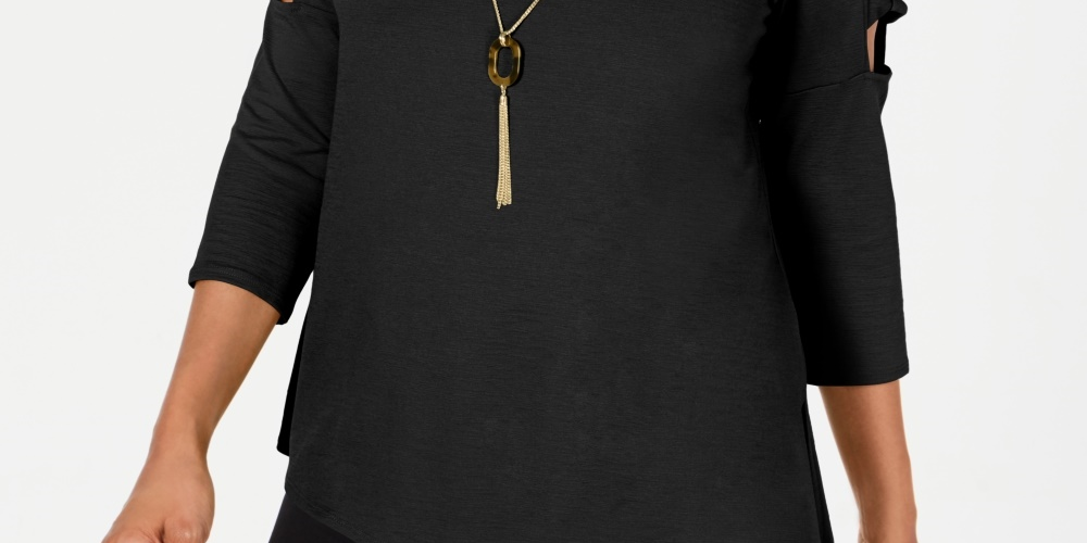 JM Collection Women's Asymmetrical Hem Ladder Sleeve Top Black Size Small