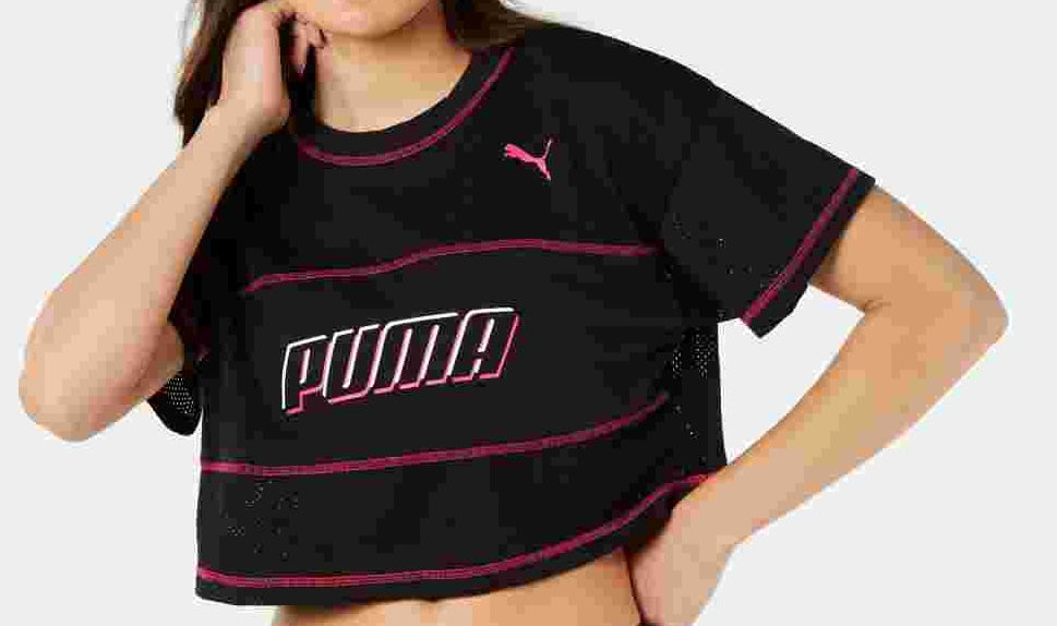 Puma Women's Modern Sports Cotton Mesh Colorblocked Cropped T-Shirt Black Size Large
